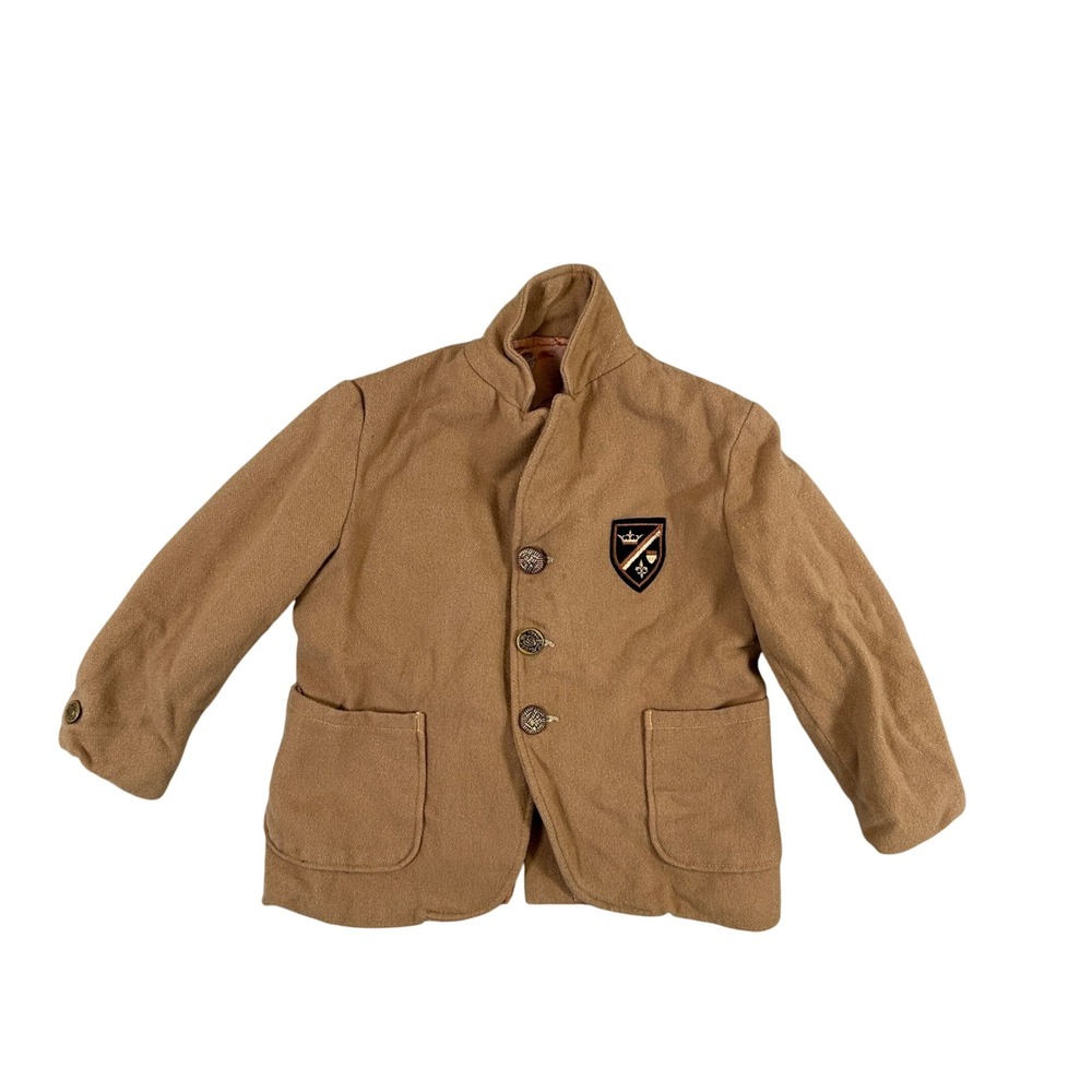 Boys Camel Brown Crest Patch Blazer Jacket 3-Button Preppy Formal Coat